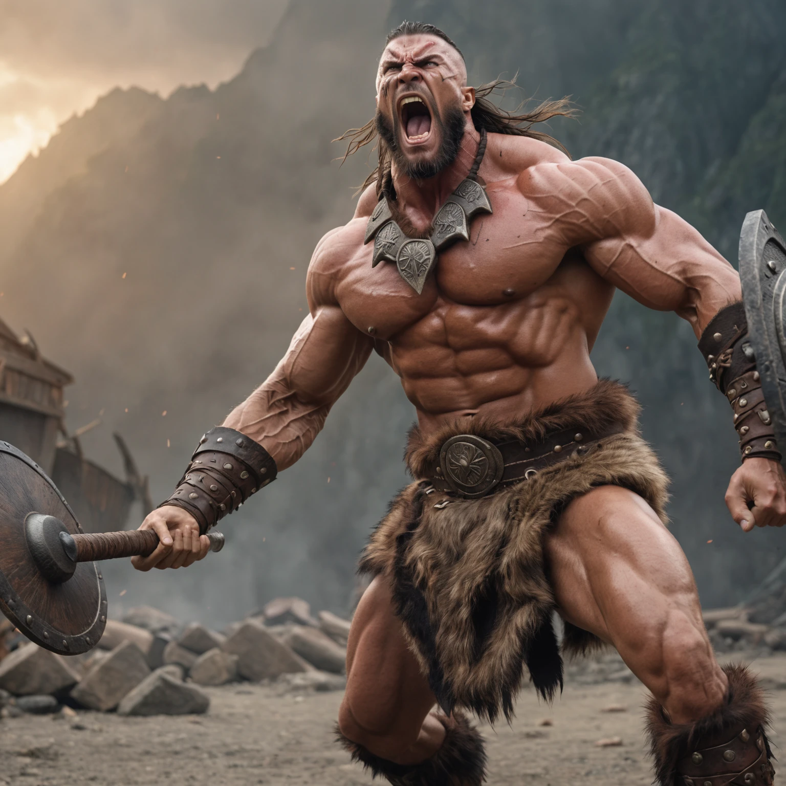 cinematic photo of a Barbarian berserker screaming and muscle flex, full body view, intricate detail, long shot