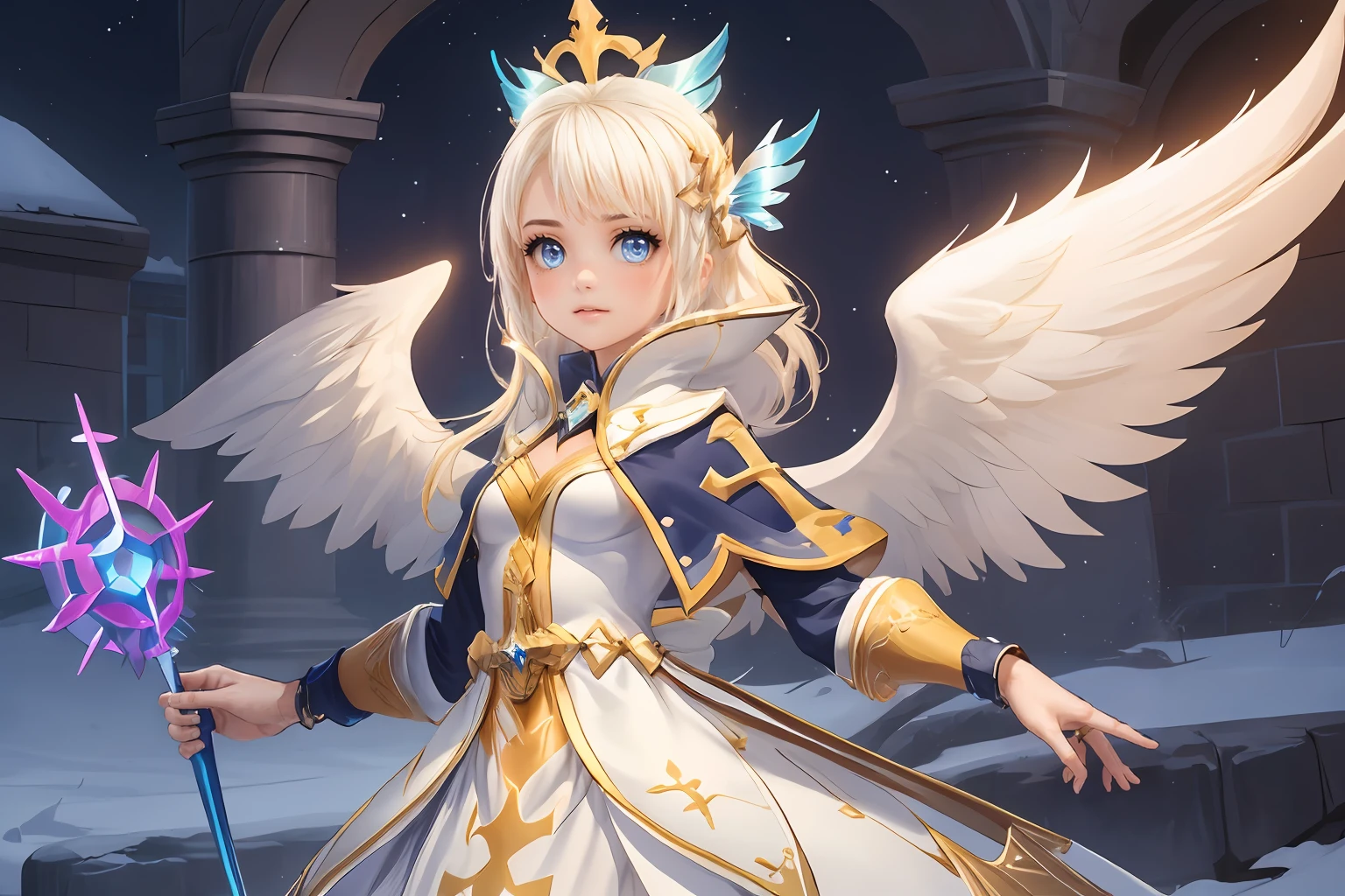 masterpiece, best quality, ultra-detailed, ****, 1girl, solo, rom_saint, beautiful, determined face, white dress with blue edgings, holding staff, angel wings,  cowboy shot, looking at viewer, Arctic whiteness theme, vivid colors, tranquil and magical atmosphere, 
<lora:rom_saint-10:0.7> <lora:add_detail:0.5>