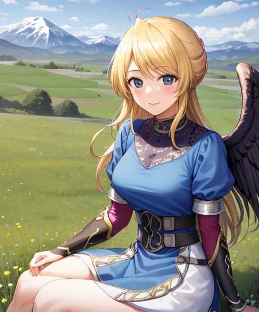 portrait, (adult woman), (1girl, solo), smile, (blonde hair), ((field, rolling hills)), (distant mountains), ((best quality, high detail)), ((masterpiece)),  <lora:nina-nvwls-v1:0.8> bofNina, purple wings, blue dress, bridal gauntlets, knee boots, <lora:1_bekkankou:1>