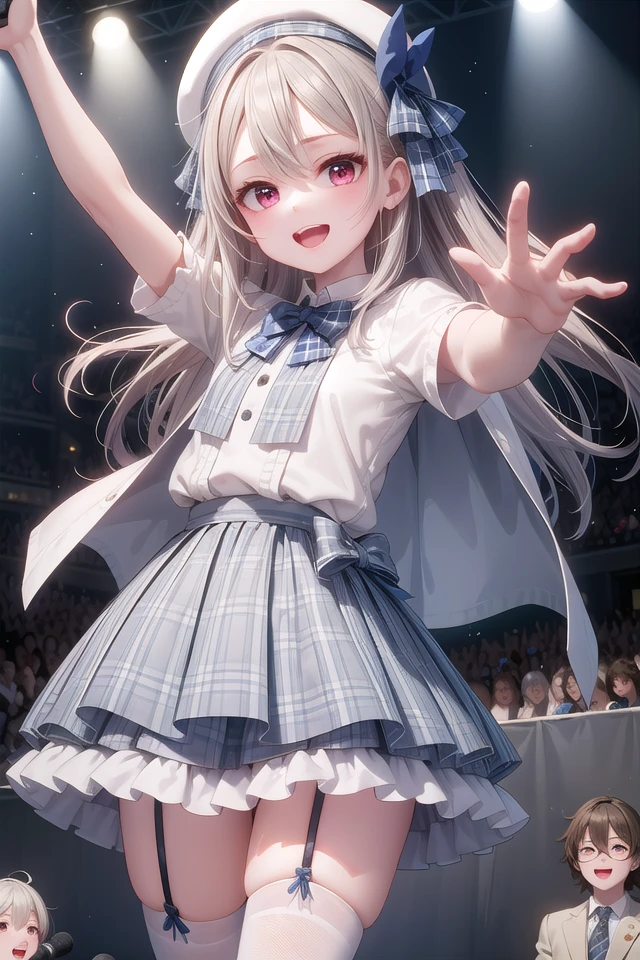 insanely detailed, absurdres, ultra-highres, ultra-detailed, best quality,
1girl, solo, nice hands, perfect hands
BREAK
(gothic drress, Idol costume:1.3), (blue and white theme:1.2), (white blouse:1.4), (white collar, tie:1.3), (open short-cape:1.3), (short sleeve:1.2), (blue tartan-check pattern (ruffle-skirt, multilayer-skirt):1.4), (white basque-beret with ribbon:1.3), (Fishnet stockings:1.3), (glove:1.2), (cleavage:-1.5)
BREAK
happy smile, laugh, open mouth, (standing, singing, dancing, holding microphone:1.4),
,
seductive pose, cowboy shot
BREAK
slender, kawaii, perfect symmetrical face, ultra cute girl, ultra cute face, ultra detailed eyes, ultra detailed hair, ultra cute, ultra beautiful
BREAK
indoors, concert hall, idol live, crowded audience
BREAK
medium breasts,
(grey hair, red eyes), hair between eyes
