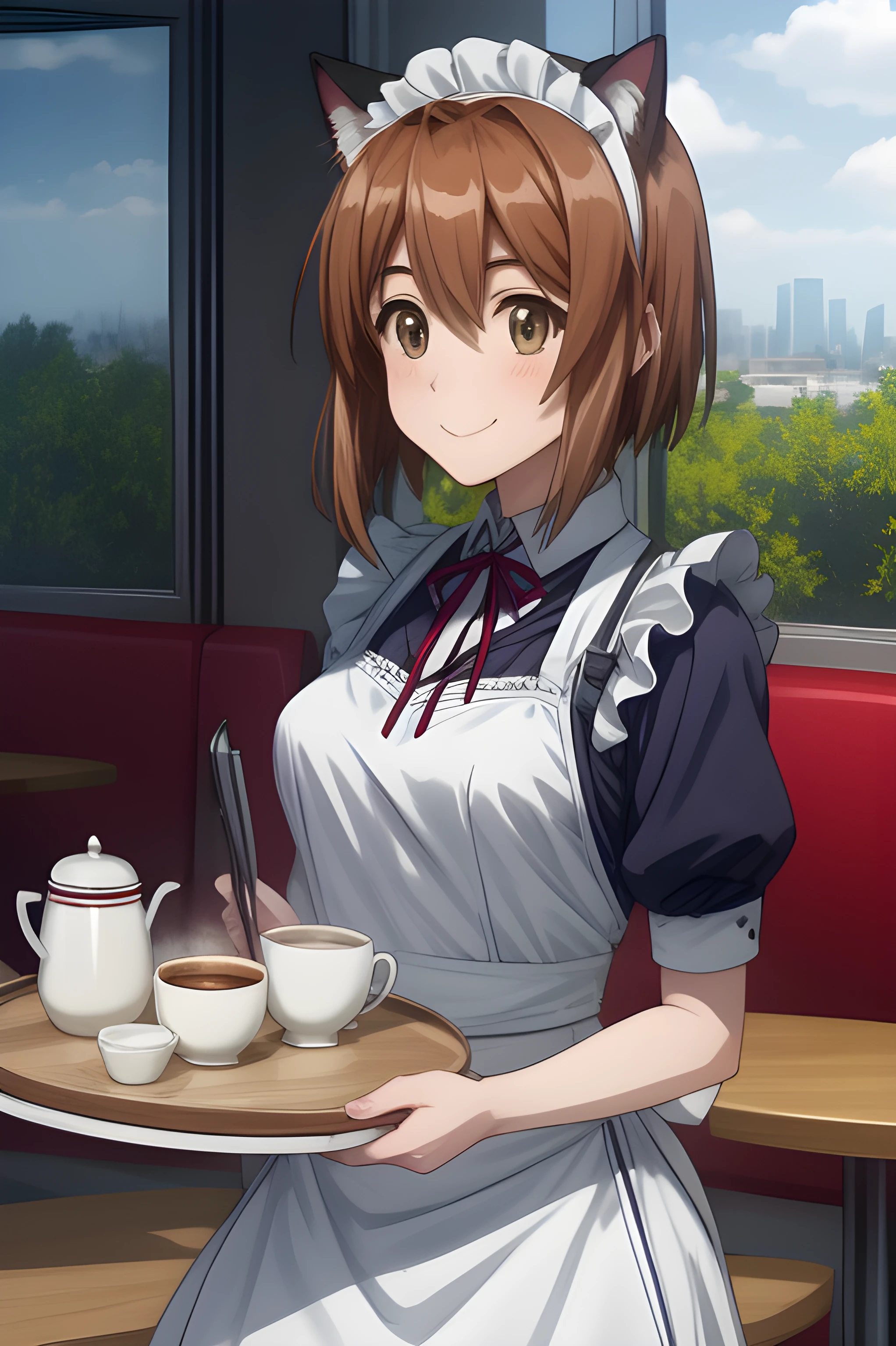 highres, perfect anatomy, nice hands, perfect hands, solo, HinakoKominato, short hair, brown hair, brown eyes, maid outfit, cat ears, white skirt, average skirt, stockings, tiny breasts, looking at viewer, cute smile, standing, in a maids café, tray, cups of coffee, metropolis view, expensive tables, cafeteria furniture, sunny weather, midday, spring, dynamic angle, <lora:more_details:1>,
