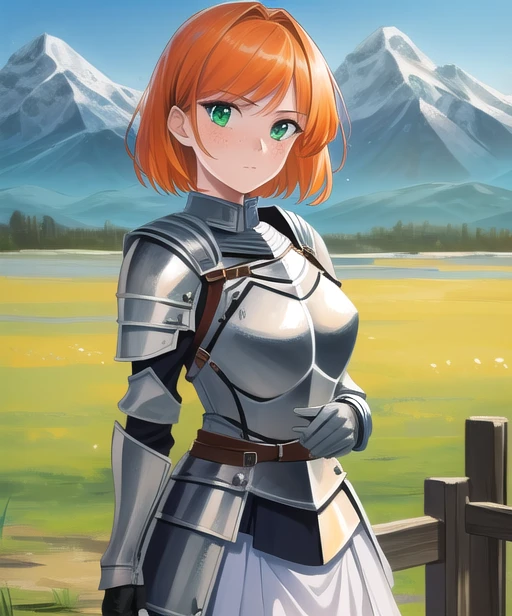 portrait, (adult woman), (1girl, solo), (looking at viewer), ((knight, armor, skirt)), freckles, (orange hair, medium hair), (green eyes), ((field, mountains)), (best quality, high detail), ((masterpiece)), <lora:1_yamakazeran:1>