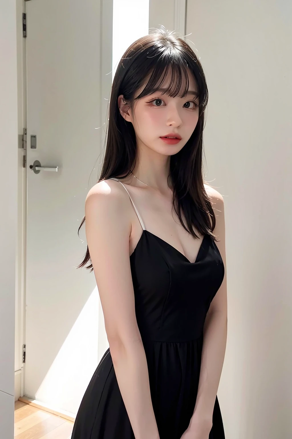 1girl,hair with bangs,black long dress,white background, <lora:Amieriss-04:1>