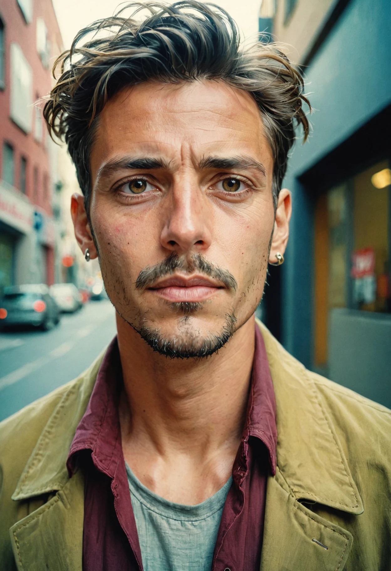 RAW Photo, a stylized contemporary portrait of a man on the streets, wearing stylish urban fashion, instagram, 35mm photograph, highly detailed, rich emotive colors, very sharp detailed face, masterpiece, dslr, amazing natural lighting, analog AND digitial photographical characteristics, kodak portra 160