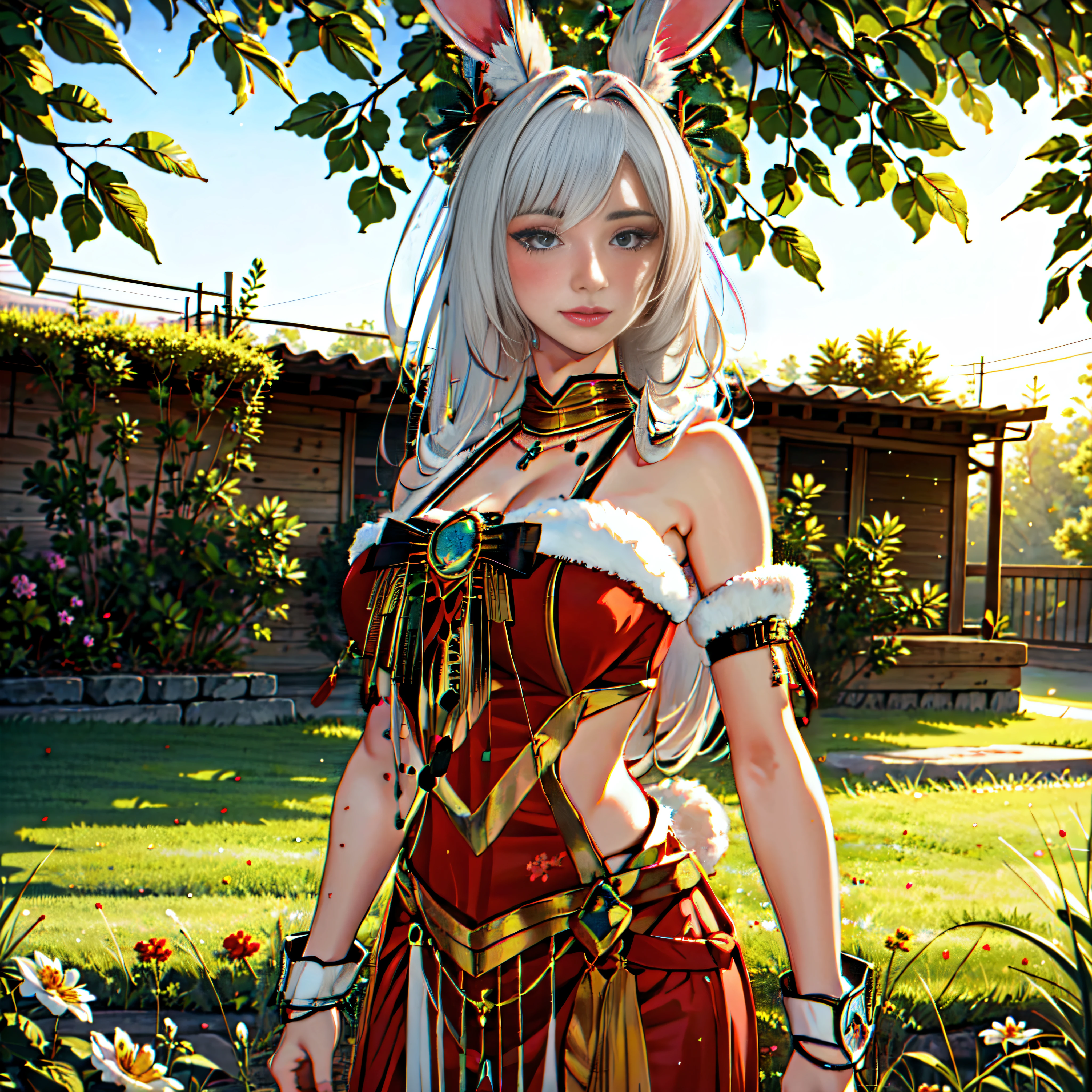 (3d, realistic, 1girl, animal_ears, smile, looking at viewer, bare_shoulders, <lora:MatariC:1:LBW=MID>, (Matari:1.2), Woman, Full body, breasts, cleavage, day, field, flower,  grass, jewelry, large_breasts, lips, long_hair, nail_polish, outdoors, rabbit_ears, rabbit_girl, ring, solo, viera, white_hair, purple_eyes, bloom, glow, bokeh, sparkle, magic, jewelry, ornaments, fantasy, best quality, masterpiece, highres, extremely detailed CG, extremely detailed 8K wallpaper, solo, sharp focus, dramatic angle, cinematic lighting, (extremely delicate and beautiful:1.2):1.1)