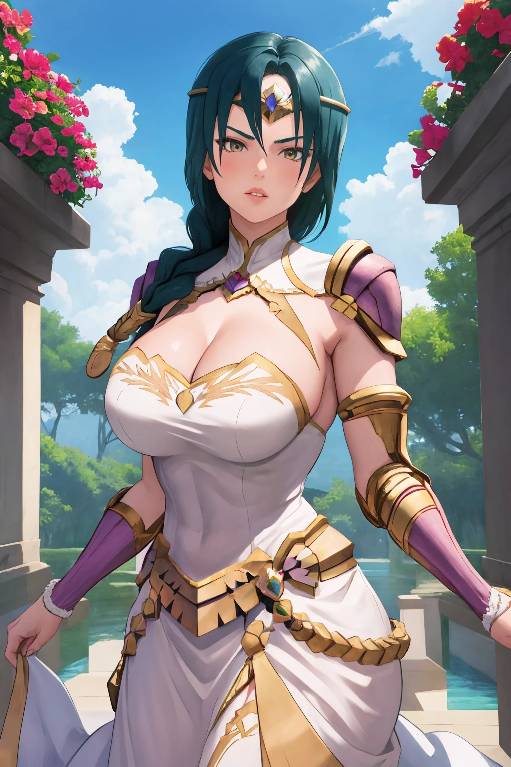 masterpiece, best quality, 1girl, solo, <lora:thorr-fe-richy-v1:0.9> thorrdef, single braid, circlet, white dress, cleavage, bridal gauntlets, parted lips, looking at viewer, mature female, arms at sides