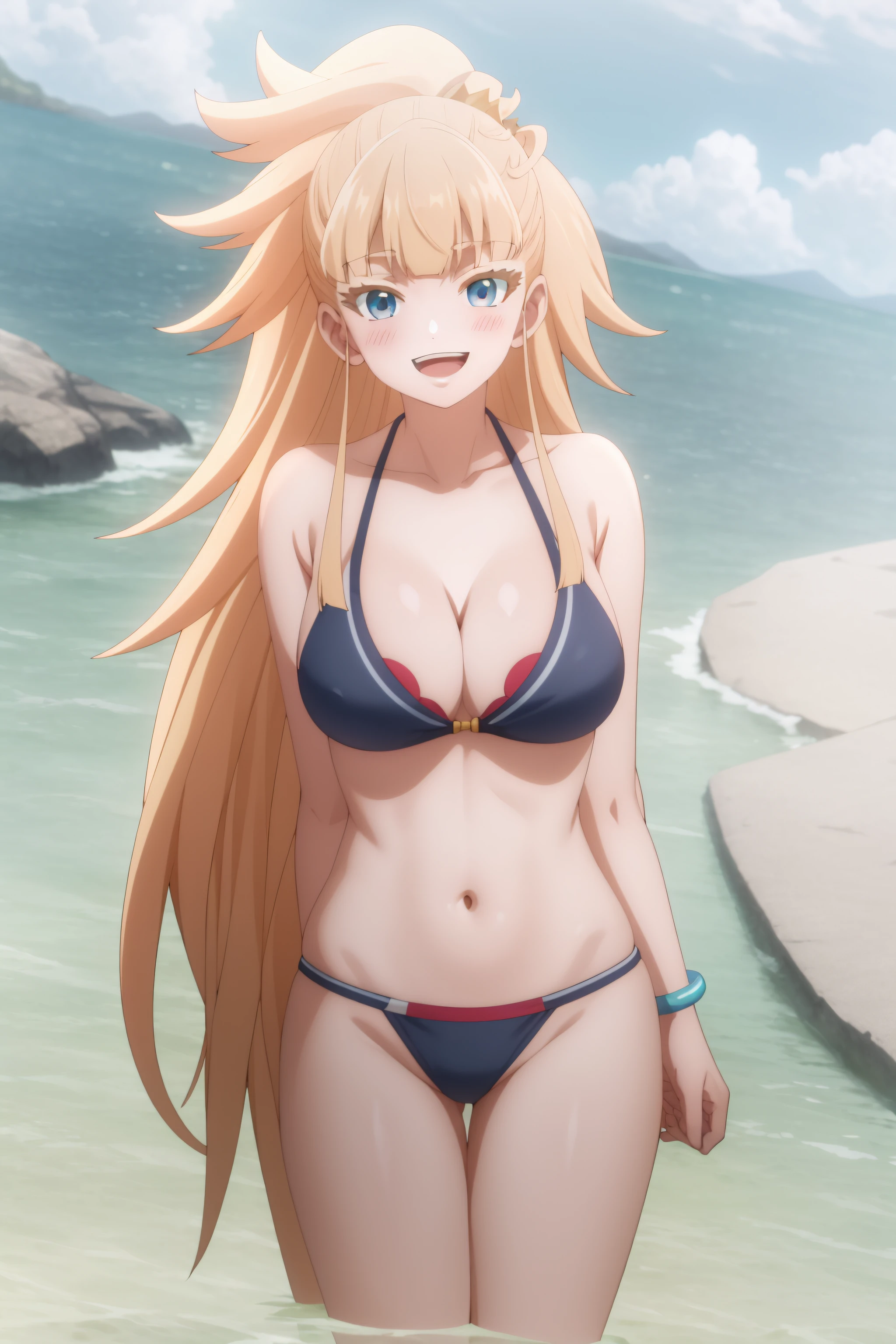 best quality, masterpiece, detailed,
<lora:KekkonYubiwaMonogatari_KrystalNovatyNokanatika:0.8>, KrystalNovaty,
solo, smile, open mouth, blush,
blonde hair, blue eyes, long hair, ponytail, crown,
blue bikini, large breasts,
looking at viewer,
beach, sand, water