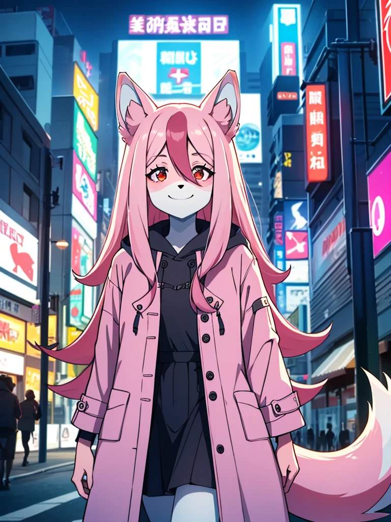 1 girl,solo, furry,fox girl,furry female, animal ears, nazuna_hiwatashi, pink hair,long hair, red eyes, hair between eyes, white skin,(two tone skin pink colored limbs), animal nose, triangle shaped nose, (tail), (high quality, best quality, (4k), hi res, masterpiece, beautiful),happy, smiling,night, outside, akihabara, cyberpunk, night, city, night city, looking at viewer, looking at viewer, smug smile, coat <lora:nazunut:0.85>