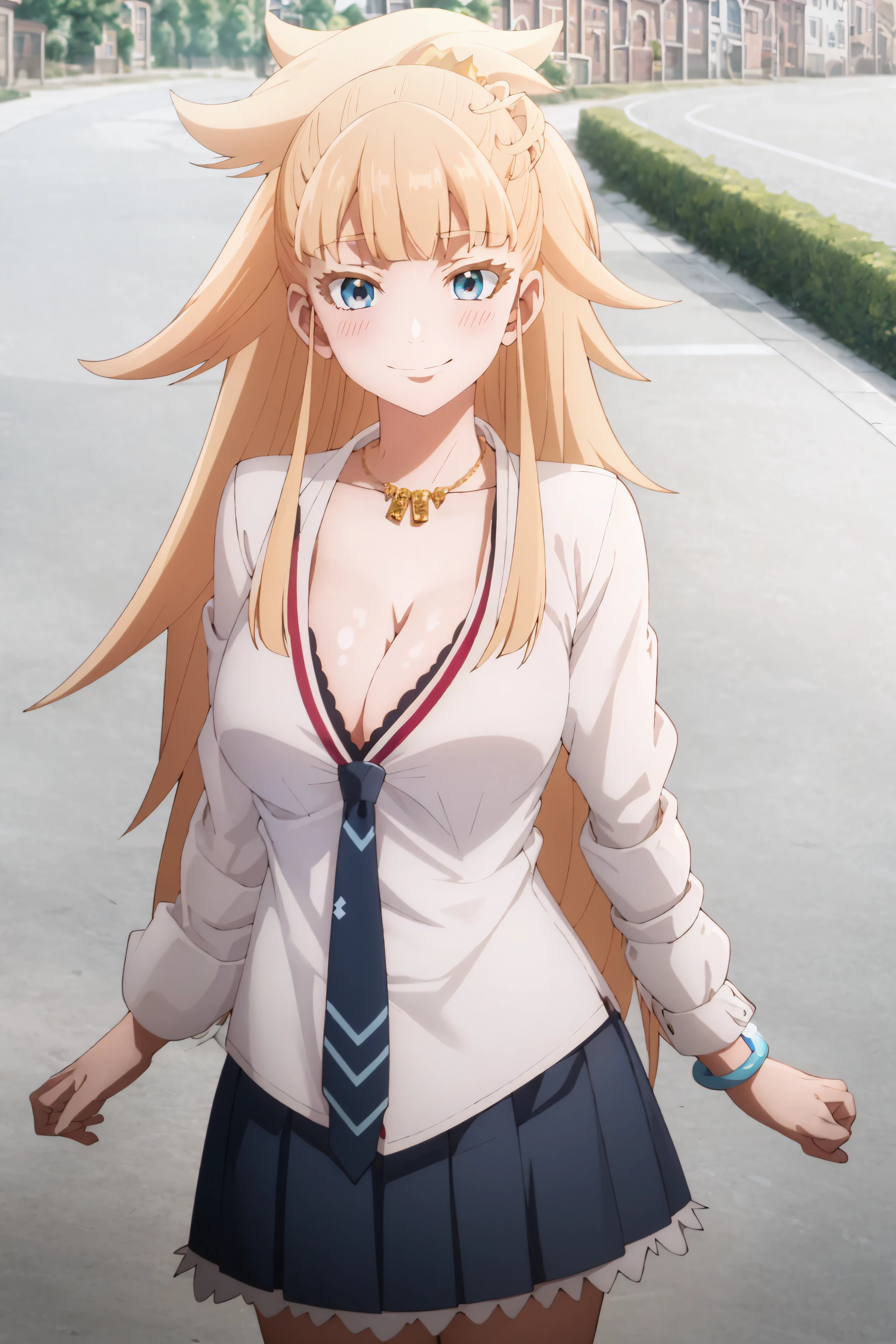 best quality, masterpiece, detailed,
<lora:KekkonYubiwaMonogatari_KrystalNovatyNokanatika:0.8>, KrystalNovaty,
solo, smile, closed mouth, blush,
blonde hair, blue eyes, long hair, ponytail, crown,
HimeSchoolUniform, white shirt, necklace, blue necktie, cleavage, large breasts,
standing, head tilt, facing viewer,
outdoors