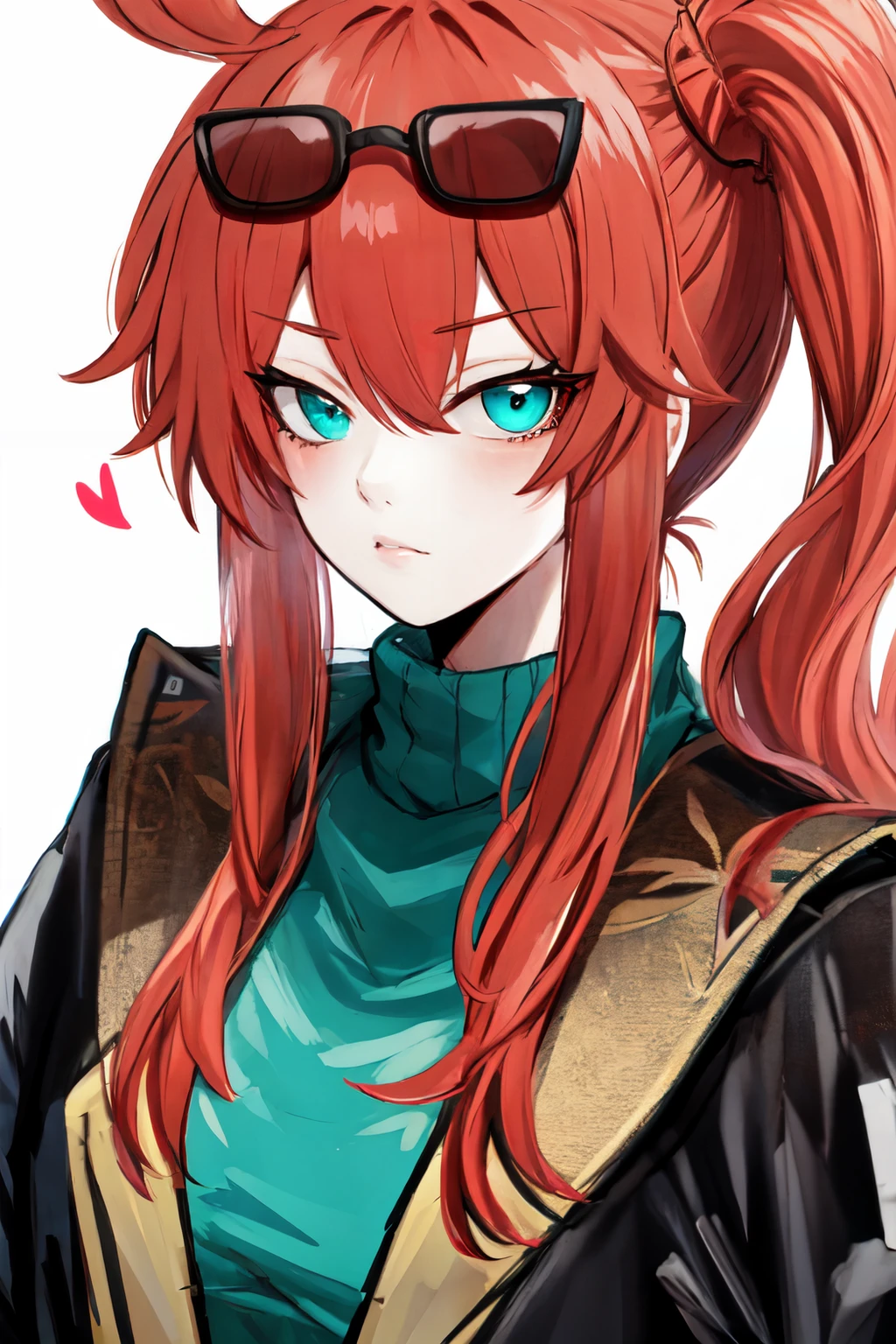 <lora:kurenaiz_style:1>kurenaiz style, 1girl,solo, upper body, white background, <lora:sonia by goofy ai:0.8> sonia, side ponytail,orange hair, heart hair ornaments, aqua eyes, eyewear on head