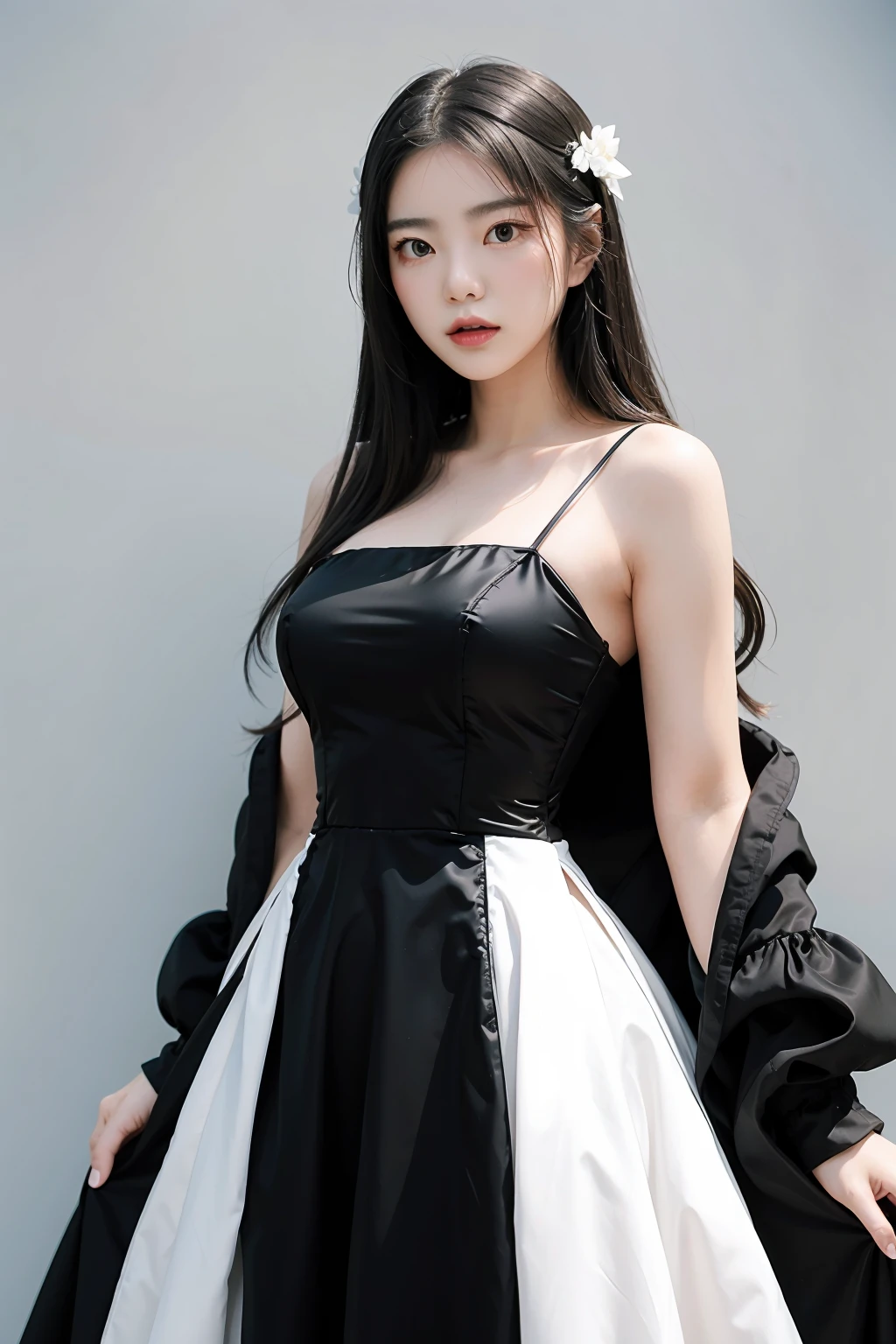 1girl, black formal long dress,white background, <lora:Wonderframe-04:1>