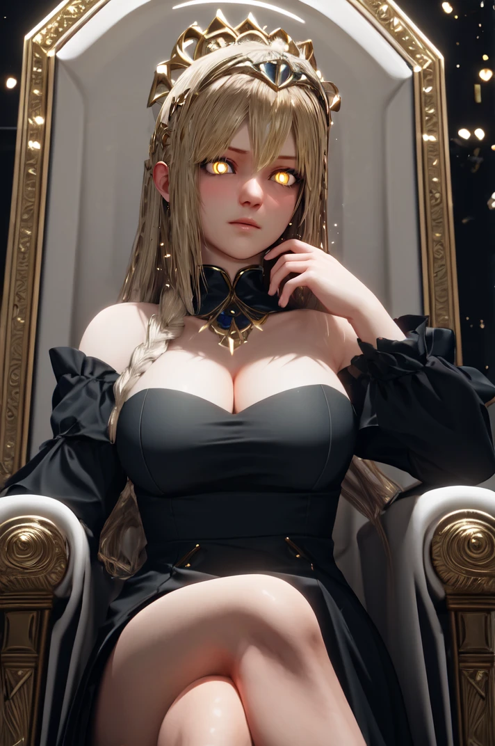 mature female, platinum blonde hair, single braid, long hair, black dress, cleavage, throne, sitting, yellow eyes, (glowing eyes:1.1), center opening, cleavage, jewelry, gold tiara, realistic, cowboy shot, expressionless, gold particles, expressionless, thighs, dynamic lighting, volumetric lighting, bokeh, crossing legs, dutch angle, from below
<lora:3d-19(1):1>
