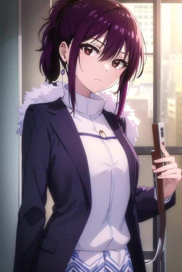 hanakirisaki, <lora:hana kirisaki s2-lora-nochekaiser:1>,
hana kirisaki, purple hair, (brown eyes:1.3), ponytail, short hair, hair between eyes,
BREAK formal, suit, office lady, fur trim, earrings,
BREAK outdoors,
BREAK looking at viewer, (cowboy shot:1.5),
BREAK <lyco:GoodHands-beta2:1>, (masterpiece:1.2), best quality, high resolution, unity 8k wallpaper, (illustration:0.8), (beautiful detailed eyes:1.6), extremely detailed face, perfect lighting, extremely detailed CG, (perfect hands, perfect anatomy),