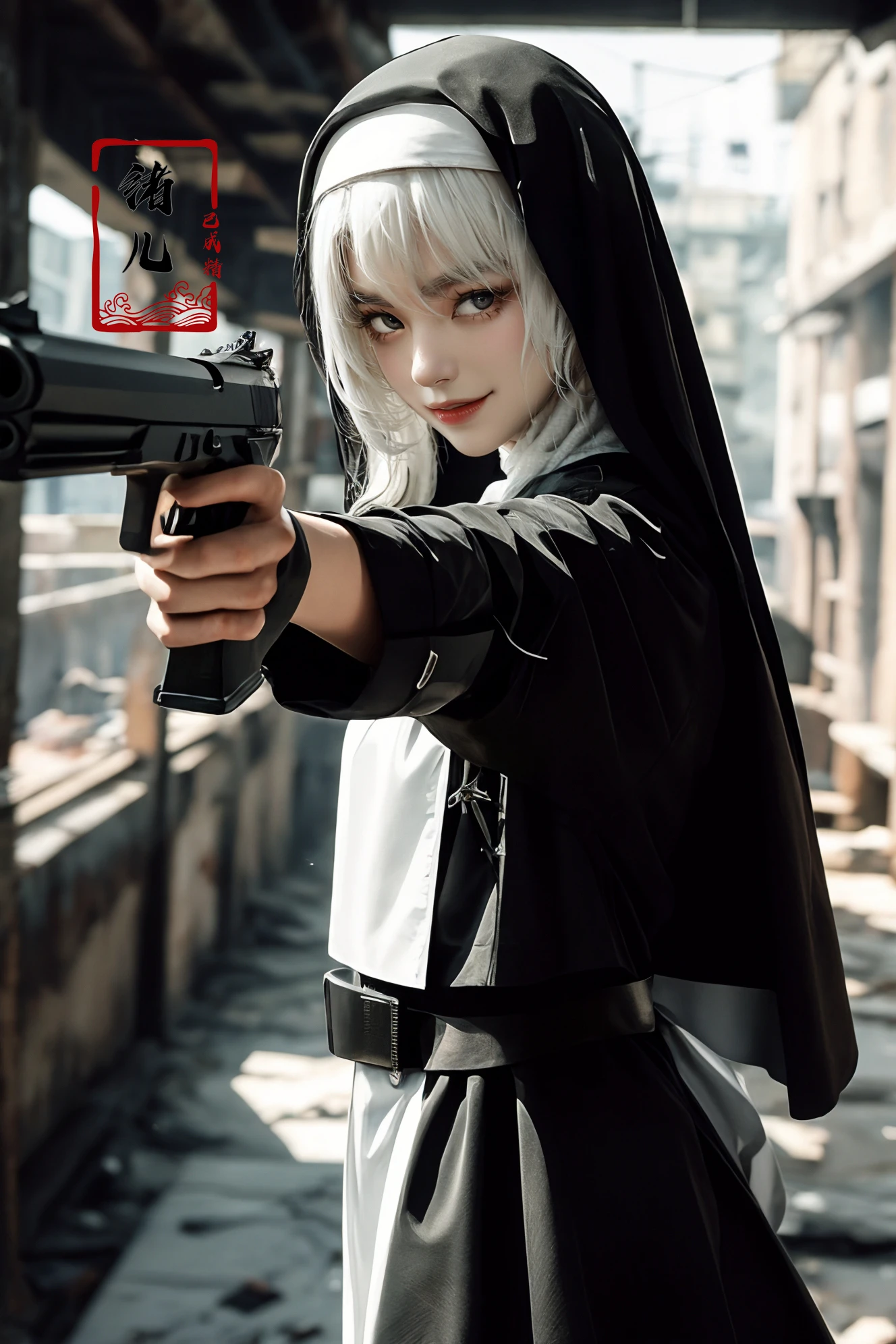 xuer pistol, white hair,
<lora:~Q?-bKg xuer pistol:0.8>,
evil smile,nun_cloth,