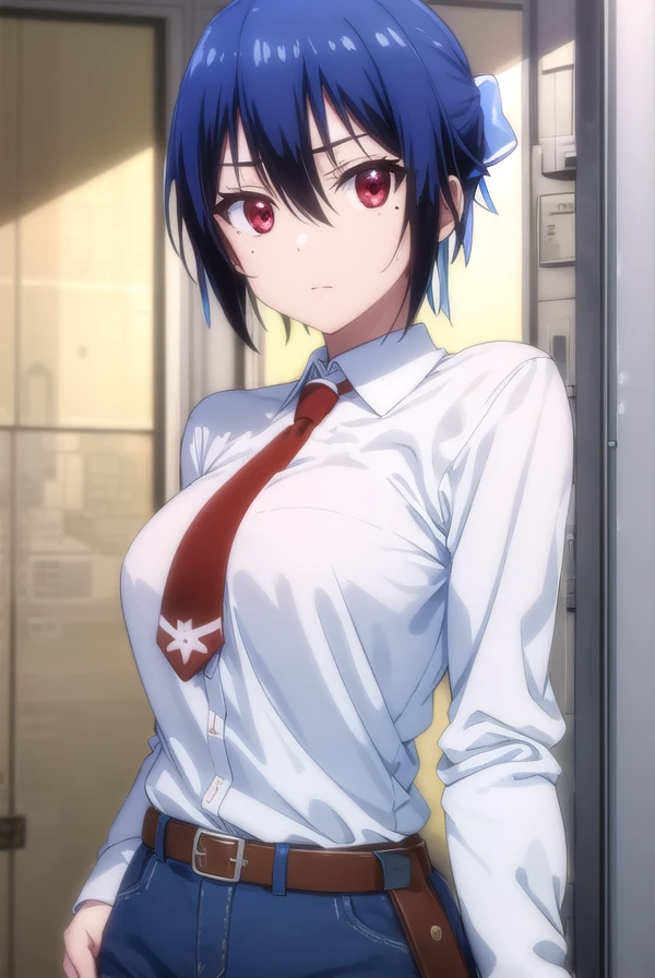 seishiroutsugumi, <lora:seishirou tsugumi s2-lora-nochekaiser:1>,
seishirou tsugumi, short hair, (red eyes:1.3), bow, blue hair, hair bow, mole, mole under eye, blue bow,
BREAK blazer, shirt, long sleeves, white shirt, necktie, collared shirt, belt, pants, red necktie,
BREAK indoors, classroom,
BREAK looking at viewer, (cowboy shot:1.5),
BREAK <lyco:GoodHands-beta2:1>, (masterpiece:1.2), best quality, high resolution, unity 8k wallpaper, (illustration:0.8), (beautiful detailed eyes:1.6), extremely detailed face, perfect lighting, extremely detailed CG, (perfect hands, perfect anatomy),