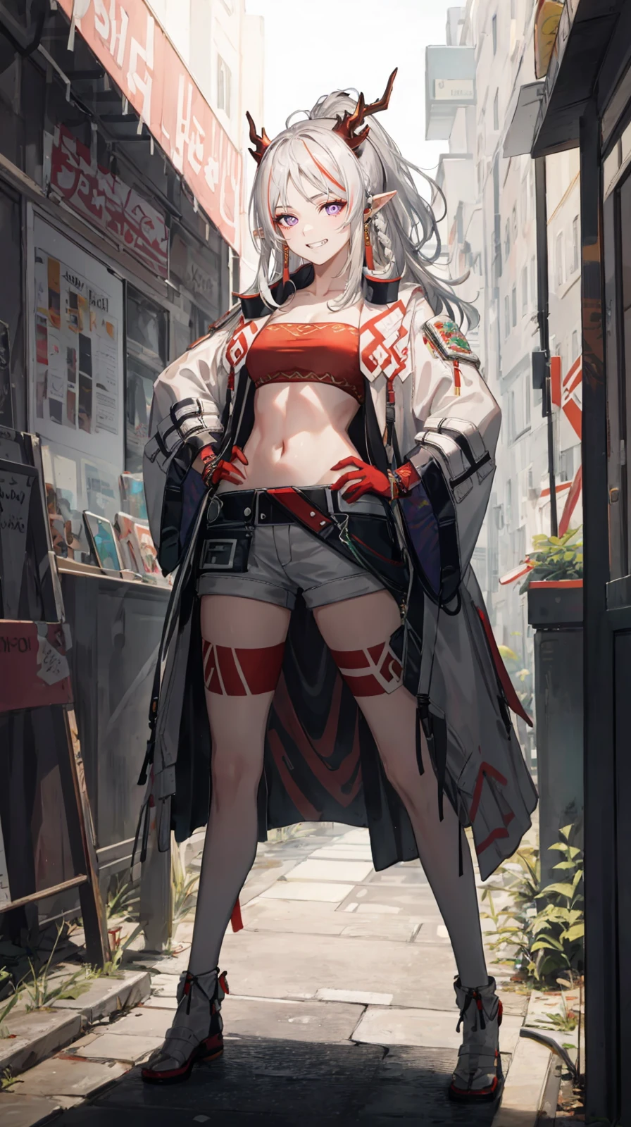 (extremely detailed CG, best quality:1.1), 1girl, perfect face, bright pupils, (finely detailed beautiful eyes:1.1), shiny skin, lustrous skin, wide hips, narrow waist, long hair, ponytail, multicolored hair, streaked hair, horns, pointy ears, purple eyes, tube top, white shorts, coat, white jacket, red skin, red hands, tail, grin, hand on hip, full body, standing, depth of field,   <lora:Nian:0.7>