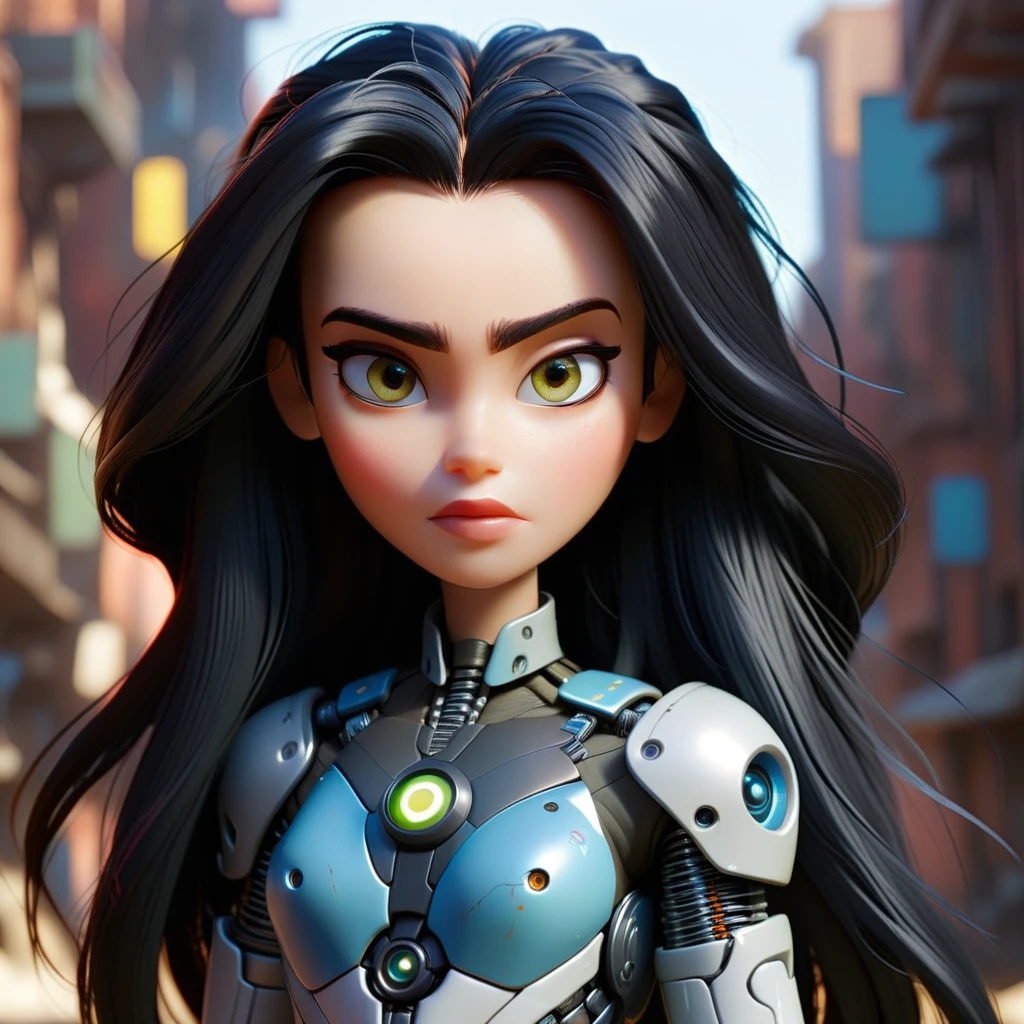 Pixar animated cybertronic female android warrior with long black hair, <lora:licollins2_xl_2_standard-000094:1.2>