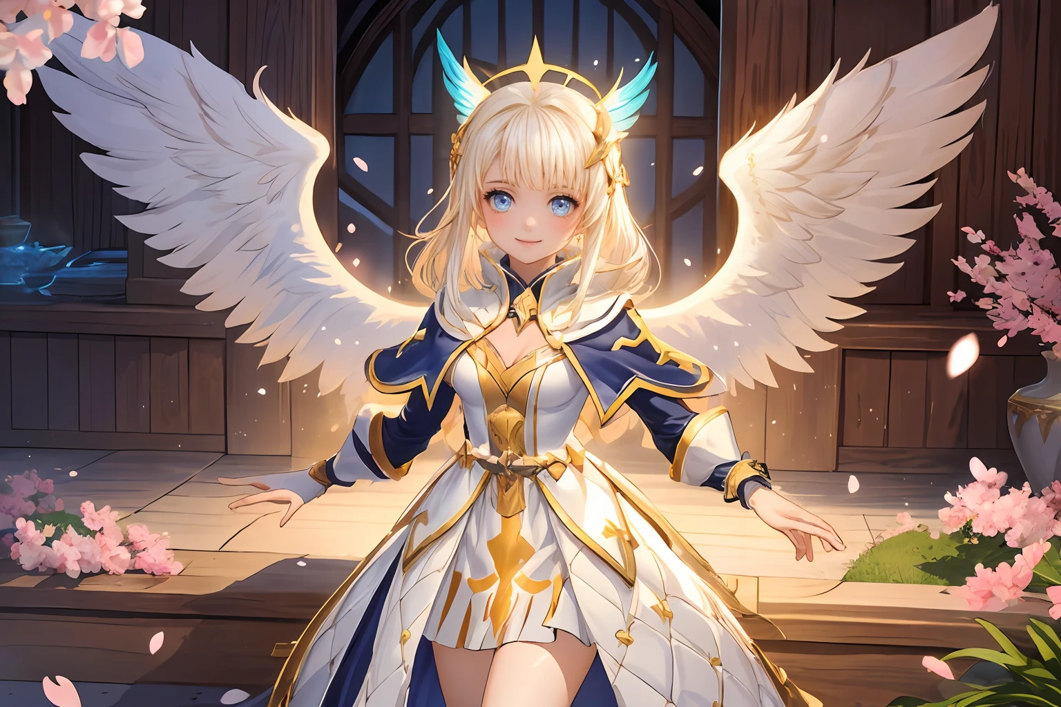 masterpiece, best quality, ultra-detailed, ****, 1girl, solo, rom_saint,  beautiful, light smile, white dress with blue edgings, angel wings,  cowboy shot, looking at viewer,  cherry blossoms, Warmth of a hearth theme, vivid colors, tranquil and magical atmosphere,
<lora:rom_saint-10:0.7> <lora:add_detail:0.5>