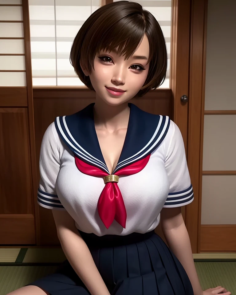 Yuika,brown hair,brown eyes,short hair,lips,
white school uniform,cleavage,smile,blue skirt,red neckerchief,
sitting,
indoors,japanese home,
(insanely detailed, beautiful detailed face, masterpiece, best quality),solo,<lora:YUIKA-11UMEv2:0.7>,