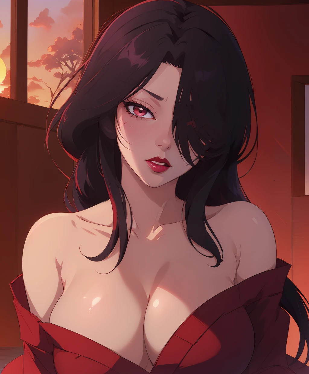 akeginu, masterpiece,best quality, highres,absurdres, intricate details,highly detailed skin, 1girl, solo, black hair, black makeup, lipstick, japanese clothes, red kimono, long hair, hair over one eye,  large breasts, red lips, cleavage, bare shoulders, off shoulder, 
(movie composition), amazing composition, depth of field, indirect lighting, ambient lighting, (random colors), (dynamic colors),  (dynamic weather),
 (sexy expression), naughty face, looking at viewer, upper body, 
sunset, dojo, 
 <lora:Akeginu_v01-000003:0.80>
