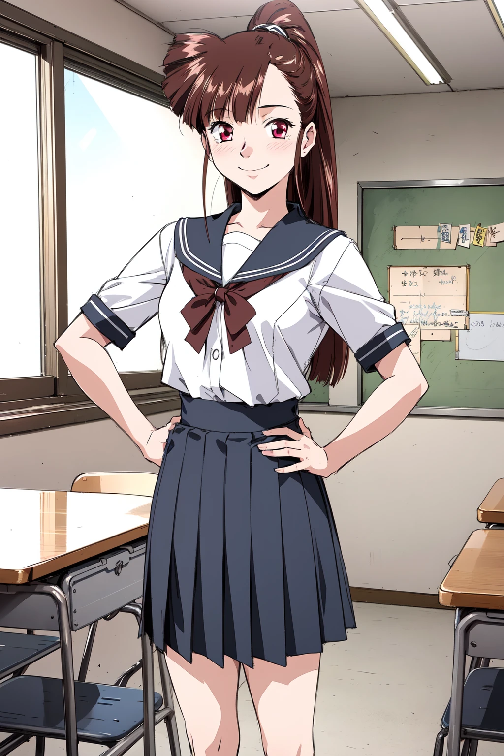 (RAW photo, best quality), 1girl,  natural lighting, smile, school, classroom,
 <lora:innai_kansen_iwasaki_rumi_v2_2:1>, iwasaki rumi,
school uniform, sailor shirt, skirt, hands on hips,