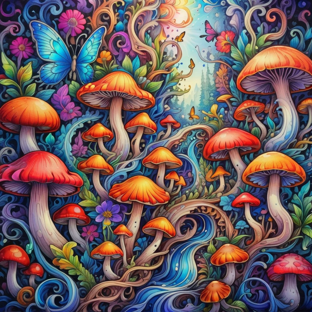 fantasy fairy world, mushrooms, low angle, water splashes, wildflowers, butterflies, vivid colors, vibrant colors, intricate details, intricate line drawing, masterpiece <lora:zenodoXL:.6>