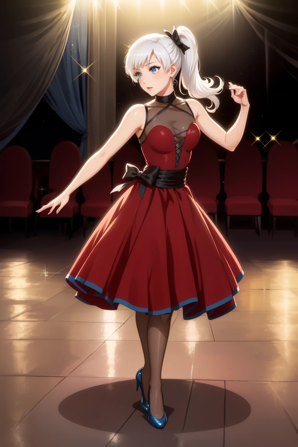 solo, <lora:RubyDance:1> weiss schnee, white hair, side ponytail,blue eyes,rubyddi, ddirose, dress, pantyhose, high heels, bow, ballroom, dancing, elegant, (sparkle), bokeh, spotlight