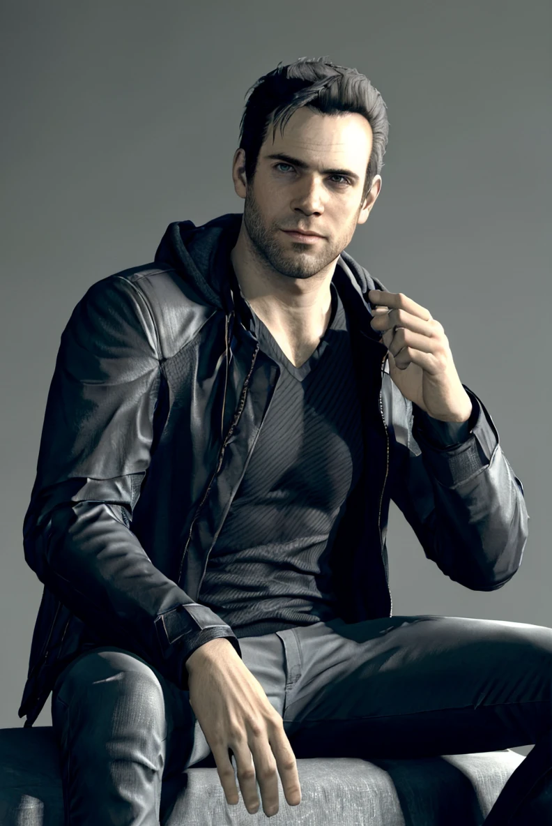 (RAW photo), <lora:GavinReed - Ace:0.7>, gavinreed, jacket, black shirt, jeans, gray background, sitting, 1boy, solo