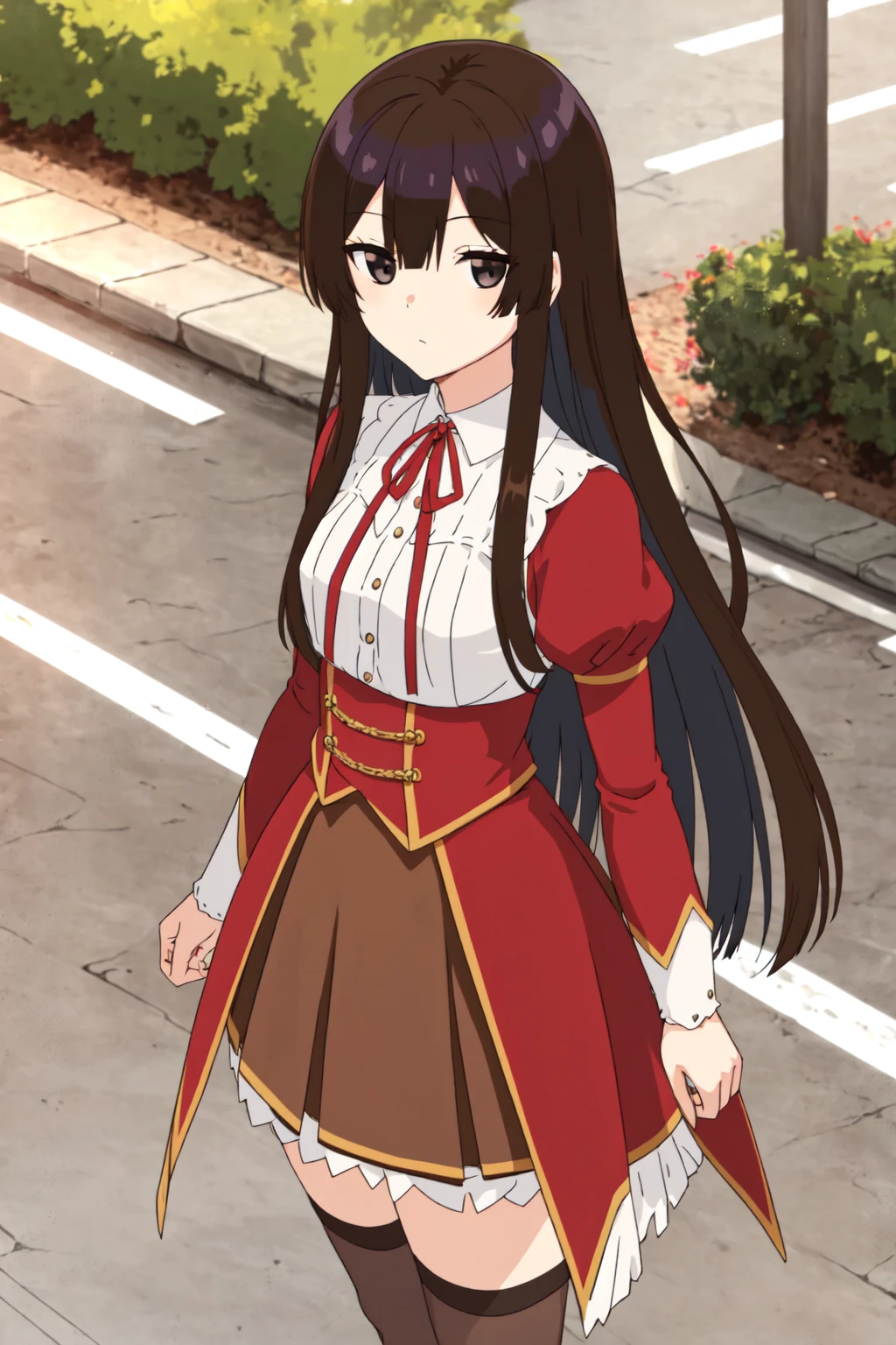 eumi, 1girl, solo, long hair, blunt bangs,bangs, black hair, black eyes, looking at viewer, shirt, long sleeves, ribbon, closed mouth, , white shirt, pleated skirt, frills, puffy sleeves, brown skirt, black thighhighs,  red ribbon, neck ribbon, expressionless, outdoors, school