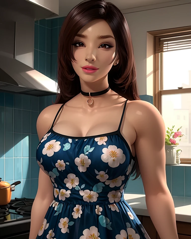 Mari,brown eyes,brown hair, lips, 
choker,blue dress,bare shoulders,floral print,
standing,upper body,smile,
indoors,kitchen,
(insanely detailed, beautiful detailed face, masterpiece, best quality),solo,<lora:MariOsano:0.8>,