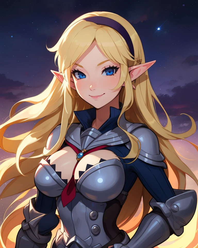 akniht,long blonde hair,pointy ears,blue eyes,
hairband,white armor,gauntlets,thighhighs,garter straps,
night,stars,smile,
standing,upper body,
(insanely detailed, beautiful detailed face, masterpiece, best quality),<lora:ArmorKnight:0.8>,