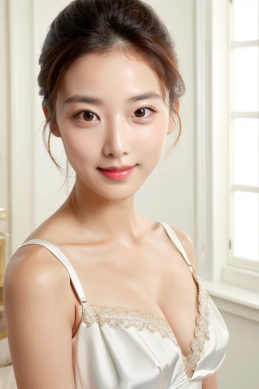 1girl, (portrait), looking at viewer, (brown eyes:1.2), deep v white dress, room, (balanced photo, balanced exposure:1.2), (in love, in love expression:0.7),
