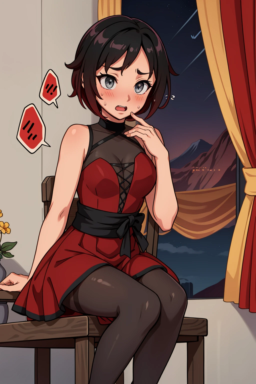 solo, <lora:RubyDance:1> rubyddi, grey eyes, black gradient hair, dress, pantyhose, high heels, bow, sitting, chair, ballroom, night, distant mountains, curtains, embarrassed, blushing, ((spoken flying sweatdrops))