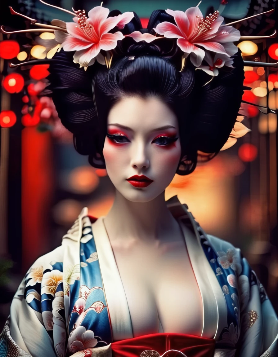 cinematic photo upper body, cleavage, portrait, pale skin, lipstick, flower, breasts, closed mouth, fflix-geisha, black eyes, short hair, black hair, 1girl, horns, red lips, makeup, kimono, japanese clothes, looking at viewer, highly detailed, dramatic light, cinematic background, rich colors, beautiful, attractive, delicate
<lora:GeishaXL:1>, , <lora:FILM_PHOTOGRAPHY_STYLE:0.25> . 35mm photograph, film, bokeh, professional, 4k, highly detailed