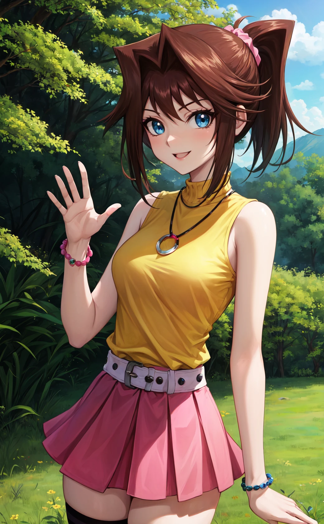 masterpiece, best quality, highres,
AnzuDef, 1girl, solo, breasts, looking at viewer, smile, blue eyes, brown hair, hair ornament, high ponytail,
shirt, skirt, thighhighs, bare shoulders, jewelry, medium breasts, ponytail, pleated skirt, sleeveless, white belt, miniskirt, necklace, bracelet, zettai ryouiki, sleeveless shirt, turtleneck, scrunchie, pink skirt, yellow shirt, sleeveless turtleneck, mazaki anzu, yu-gi-oh!,
<lora:LoRA_Anzu:1>, cowboy shot, looking at viewer, waving, outdoors, grass, field, forest, sunlight, cloudy, laughing, arm behind back,