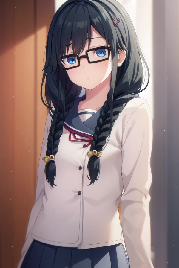 sumirekosanshokuin, <lora:sumireko sanshokuin s1-lora-nochekaiser:1>,
sumireko sanshokuin, long hair, black hair, blue eyes,
BREAK hair ornament, braid, glasses, twin braids, black-framed eyewear, skirt, hair ornament, school uniform, serafuku, black skirt, long skirt,
BREAK indoors, classroom,
BREAK looking at viewer, (cowboy shot:1.5),
BREAK <lyco:GoodHands-beta2:1>, (masterpiece:1.2), best quality, high resolution, unity 8k wallpaper, (illustration:0.8), (beautiful detailed eyes:1.6), extremely detailed face, perfect lighting, extremely detailed CG, (perfect hands, perfect anatomy),