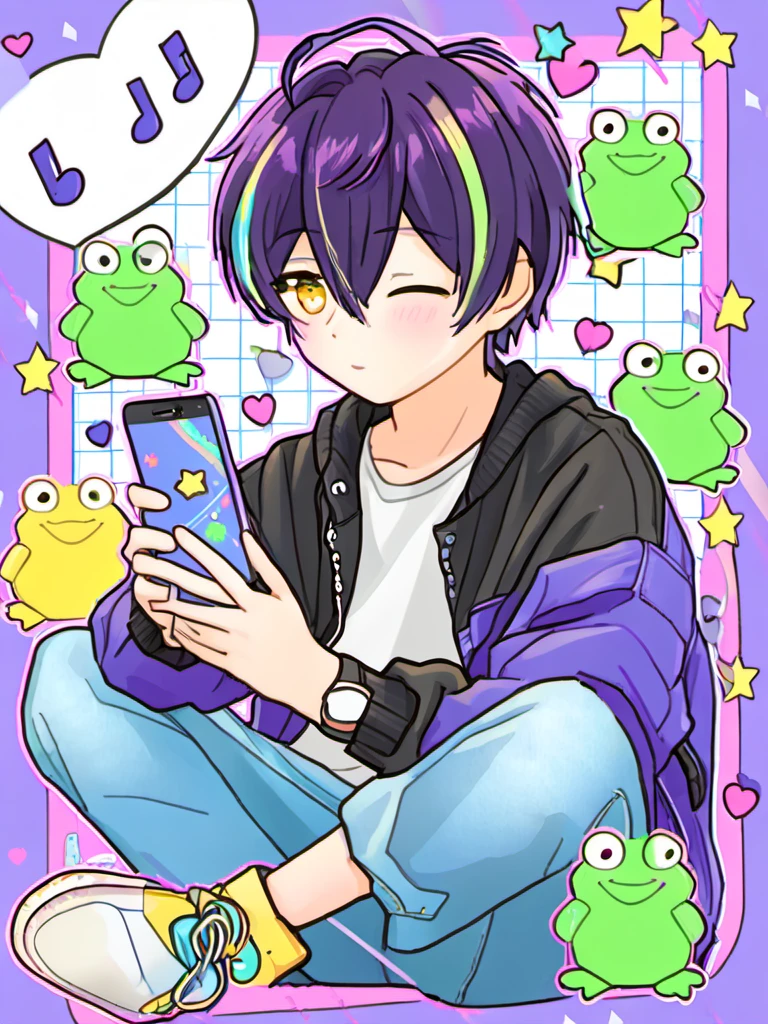 <lora:cartoon_stickers_xl_v1:0.8>,
a person sitting down with a cell phone in their hand and a cartoon character behind them with a phone in their hand, solo, looking_at_viewer, blonde_hair, shirt, long_sleeves, 1boy, holding, jacket, yellow_eyes, purple_hair, male_focus, heart, multicolored_hair, one_eye_closed, pants, off_shoulder, star_\(symbol\), hair_over_one_eye, streaked_hair, black_shirt, phone, cellphone, musical_note, smartphone, holding_phone, frog, purple_jacket, rainbow, blush, short_hair