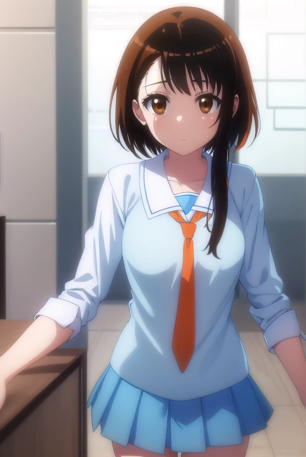 kosakionodera, <lora:kosaki onodera s2-lora-nochekaiser:1>,
kosaki onodera, short hair, bangs, brown hair, (brown eyes:1.3), short hair with long locks, asymmetrical hair,
BREAK skirt, shirt, thighhighs, school uniform, collarbone, white shirt, pleated skirt, necktie, serafuku, sailor collar, blue skirt, blue sailor collar, (orange necktie:1.2),
BREAK indoors, classroom,
BREAK looking at viewer, (cowboy shot:1.5),
BREAK <lyco:GoodHands-beta2:1>, (masterpiece:1.2), best quality, high resolution, unity 8k wallpaper, (illustration:0.8), (beautiful detailed eyes:1.6), extremely detailed face, perfect lighting, extremely detailed CG, (perfect hands, perfect anatomy),