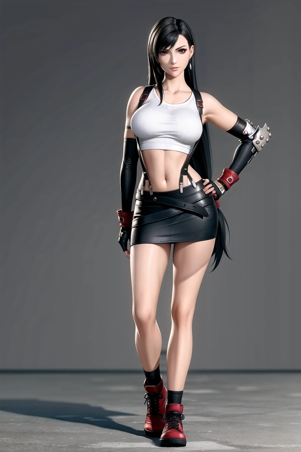 (masterpiece:1.2), best quality, masterpiece, highres, original, extremely detailed wallpaper, perfect lighting,(extremely detailed CG:1.2), drawing, paintbrush, 1girl, 3d, black hair, black skirt, breasts, crop top, earrings, elbow gloves, elbow pads, fingerless gloves, full body, gloves, grey background, hand on hip, jewelry, long hair, midriff, miniskirt, navel, pencil skirt, red footwear, skirt, solo, suspender skirt, suspenders, tank top, taut clothes, taut shirt, tifa lockhart,<lora:tifa:0.6>