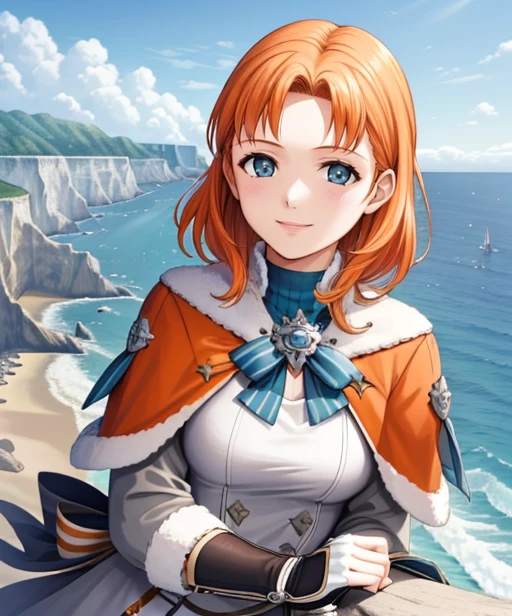 portrait, (adult woman), (1girl, solo), smile, (orange hair), ((coast, bay, cliffs, ocean)), (distant castle on a cliff), ((best quality, high detail)), ((masterpiece)), <lora:Annette_FE:0.8> (annette_war), medium hair, caplet, gloves, dress, <lora:1_bekkankou:1>