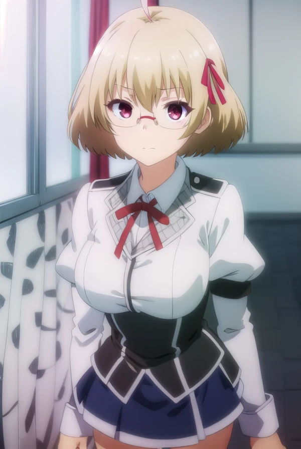 kagamikusakabe, <lora:kagami kusakabe s1-lora-nochekaiser:1>,
kagami kusakabe, short hair, blonde hair, (red eyes:1.3), ribbon, hair ribbon, ahoge, glasses,
BREAK skirt, long sleeves, school uniform, juliet sleeves,
BREAK indoors, classroom,
BREAK looking at viewer, (cowboy shot:1.5),
BREAK <lyco:GoodHands-beta2:1>, (masterpiece:1.2), best quality, high resolution, unity 8k wallpaper, (illustration:0.8), (beautiful detailed eyes:1.6), extremely detailed face, perfect lighting, extremely detailed CG, (perfect hands, perfect anatomy),