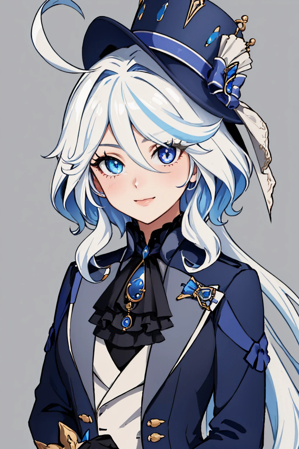 (masterpiece, best quality:1.2), upper body, solo, 1girl, furinadef, slight smile, looking at viewer, ahoge, blue headwear, top hat, heterochromia, jacket, ascot, brooch, simple background <lora:genshinimpact_furina:1>