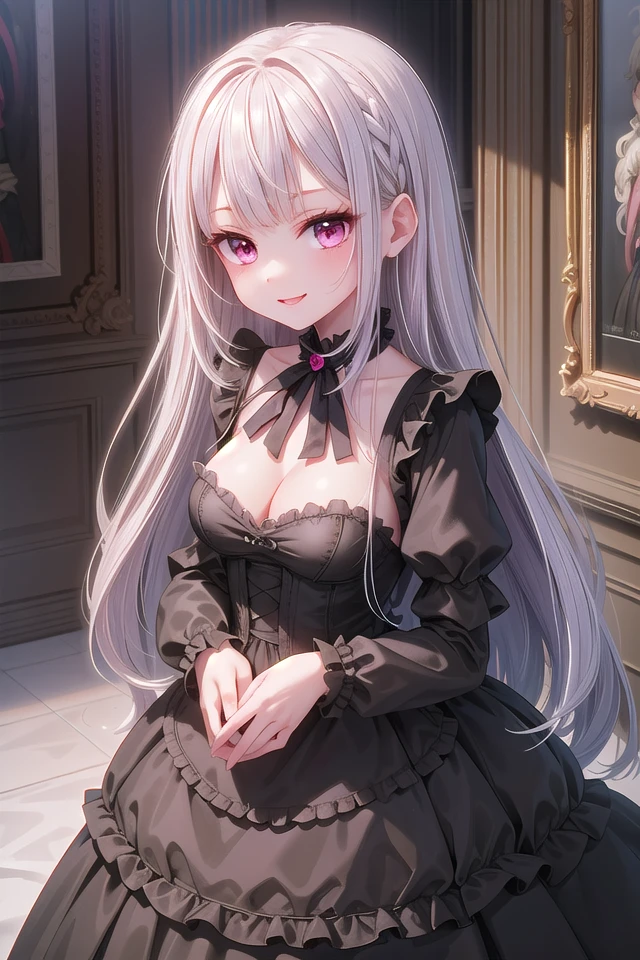 ((masterpiece:1.4, best quality)), ((masterpiece, best quality)),
one girl, cute girl, silver hair, long hair, pink eyes, smile, black gothic dress, white frill, hair dress,
indoors, castle, gothic, cute pose