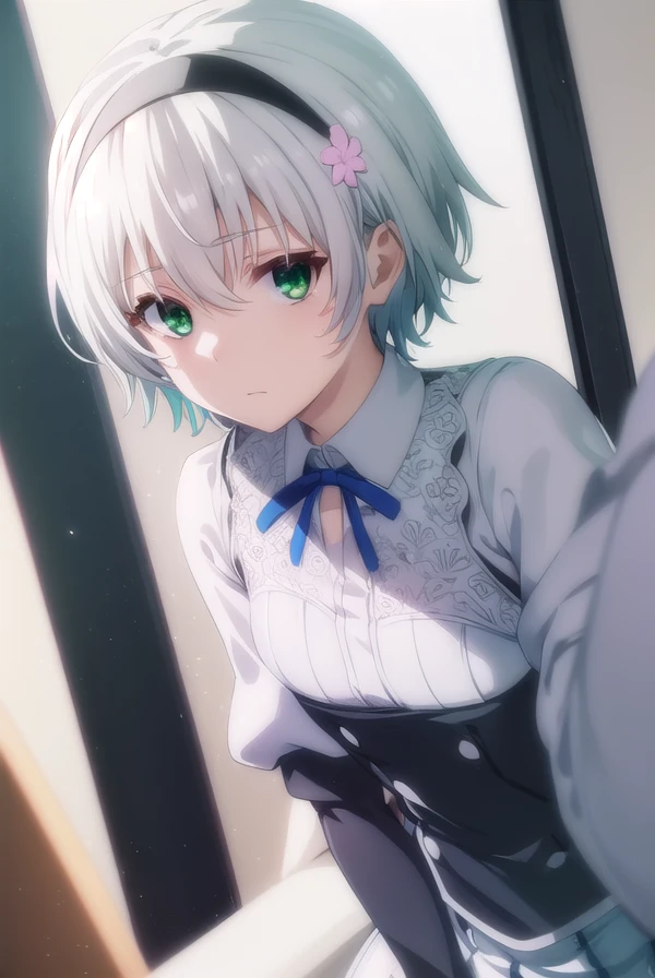 shizukukurogane, <lora:shizuku kurogane s1-lora-nochekaiser:1>,
shizuku kurogane, short hair, hair ornament, (green eyes:1.3), flower, white hair, hairband, hair flower,
BREAK skirt, long sleeves, school uniform, juliet sleeves,
BREAK indoors, classroom,
BREAK looking at viewer, (cowboy shot:1.5),
BREAK <lyco:GoodHands-beta2:1>, (masterpiece:1.2), best quality, high resolution, unity 8k wallpaper, (illustration:0.8), (beautiful detailed eyes:1.6), extremely detailed face, perfect lighting, extremely detailed CG, (perfect hands, perfect anatomy),