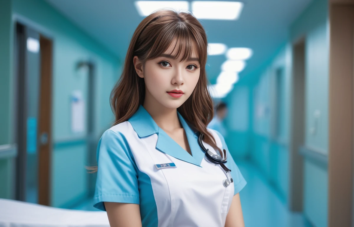 a photo of IO person, woman, solo, alone, 1girl,
a beautiful 25 years old beautiful girl, perfect body,8K skin,kawaii,
(masterpiece:1.2),(realistic, photo-realistic:1.56),sharp,
extremely detailed,depth of field,physically-based rendering,high detail,real-world lighting, (high detailed skin), (Spiral brown hair long:1.15),(ultra-detailed_blunt bangs shiny gradient) ,
wearing a nurse uniform, ((in a hospital)), looking at the camera, wideshot, (FULLBODY),