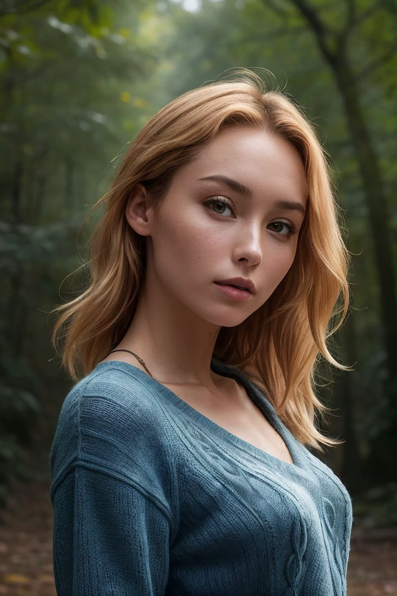 closeup portrait, sexy SSblonde hair, parted lips, lips, casual dress, looking at viewer, forest background, sunset lights, realistic