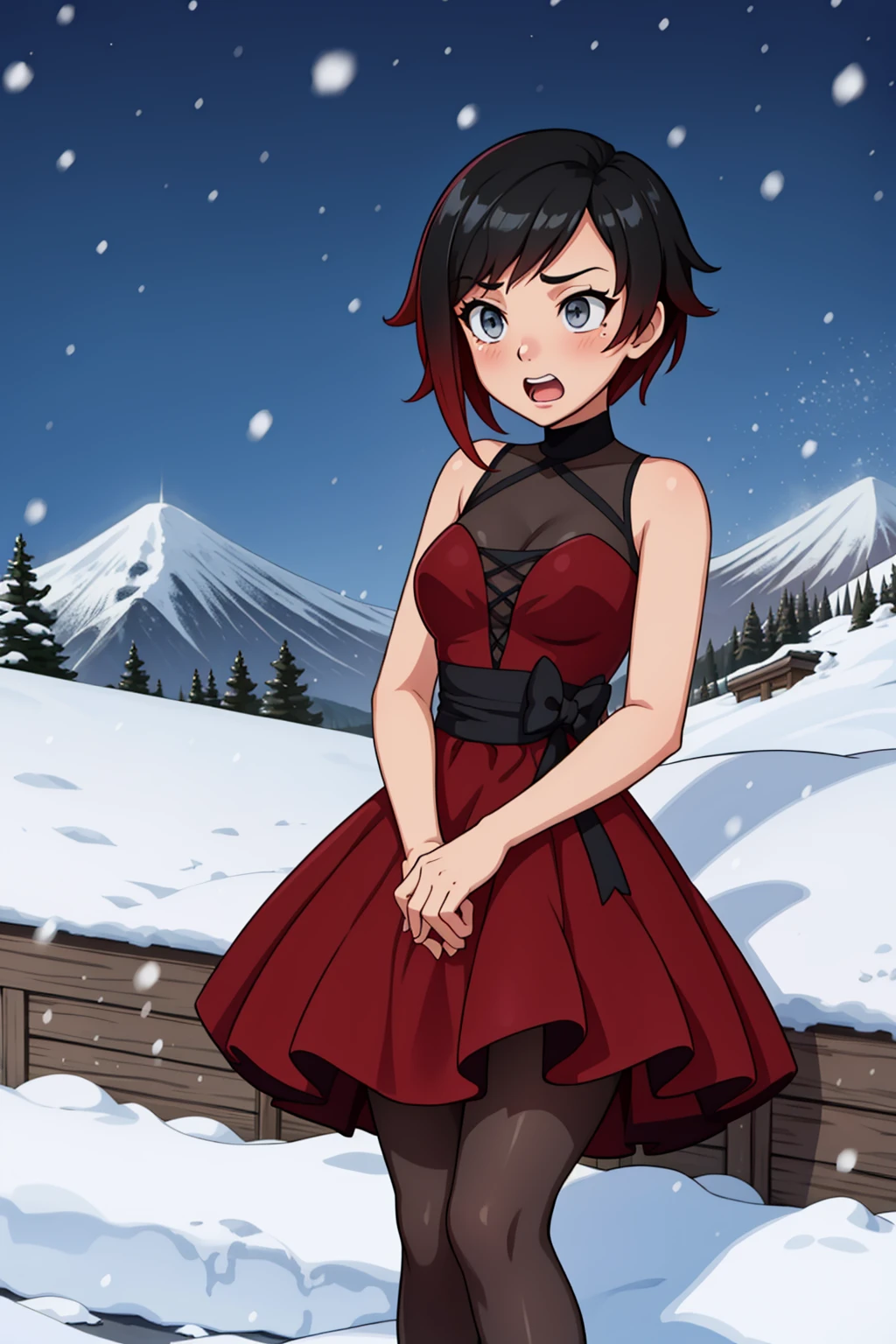 solo, <lora:RubyDance:1> ruby rose,rubyddi, ddirose, grey eyes, black gradient hair, dress, pantyhose, high heels, bow, ((trembling)), snowy mountain, snow, snowing