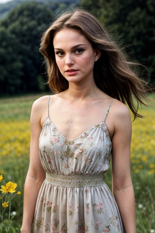 (Helena Lovista) photo of a beautiful and impressive woman, 24 years old, body in perfect shape, big green eyes, long messy windy by rubio, green eyes, by rubio, (realist:1.3), finely detailed, quality, rebrandt lighting, (masterpiece:1.2), (photorealist:1.2), (best quality), (detailed skin:1.3), (intricate details), dramatic, ray tracing, 1 girl, american white girl, by rubio, 24 years old, medium breasts, (Meadow, sun, clouds, field, agriculture, Starlight, walking trail), yellow dress,  (Nick Caballero, Peter Lindbergh Style) (((((real life image))))) (((small))) (((slim)))