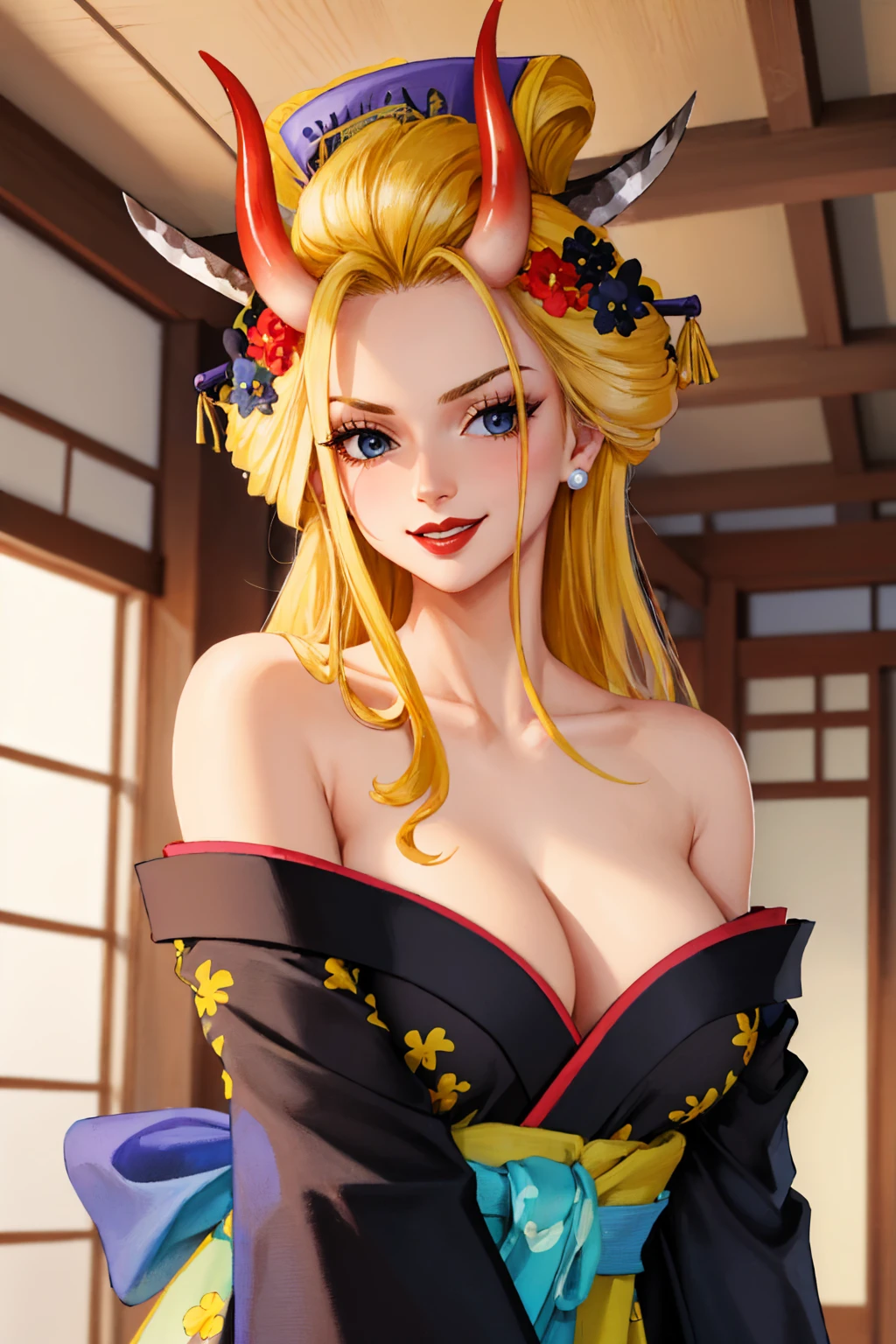 (masterpiece, best quality:1.2), solo, 1girl, blackmaria, lipstick, smile, looking at viewer, hair stick, hair flower, horns, v-shaped eyebrows, japanese clothes, black kimono, off shoulder, earrings, cleavage <lora:onepiece_blackmaria-10:1>