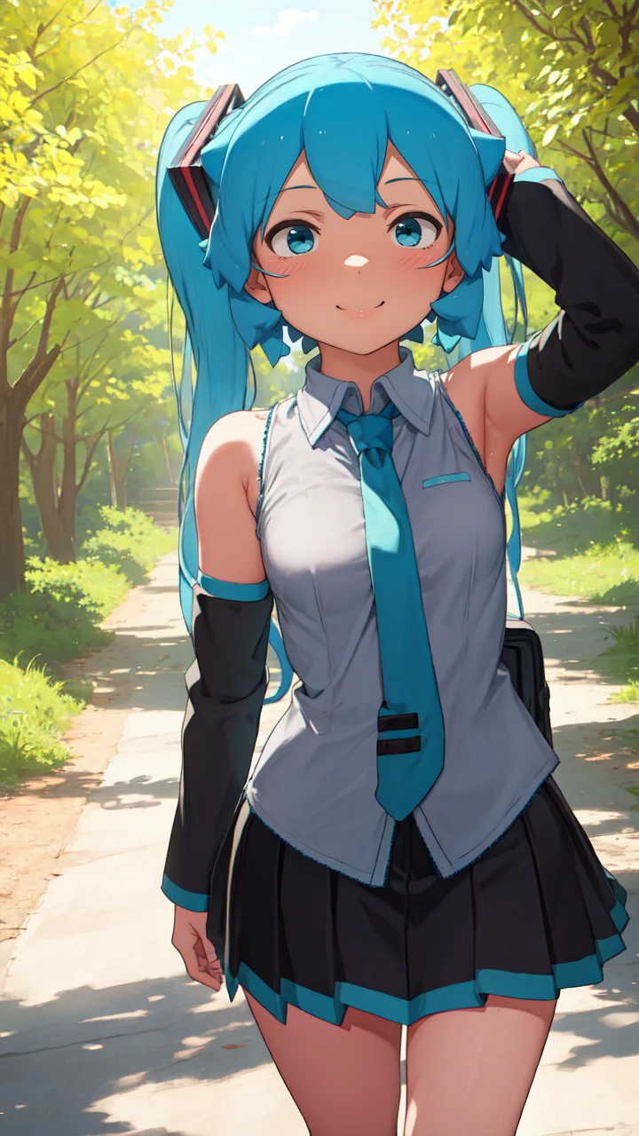 (masterpiece, best quality:1.2), (1girl:1.12), Hatsune Miku, twintales, very long hair, smile, grey shirt, skirt, detached sleeves, necktie, cute, looking at viewer, walking, outdoors, forest, day, hiking, (blush:1.06), (embarrassed, smile:1.06), solo, blue hair, moody